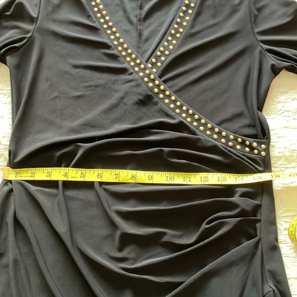 Elegant LBD w/crossover neckline & faux wrap skirt w/gold stud detail. - Picture 9 of 14